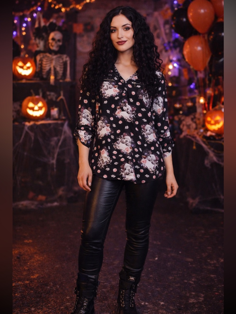 Warehouse One NWT Scull Floral Blouse size L.